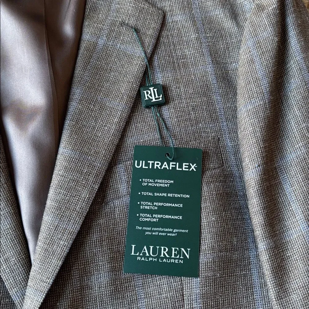 NWT Lauren Ralph Lauren RL Ultraflex Brown Blue Windowpane Check Blazer 41 S